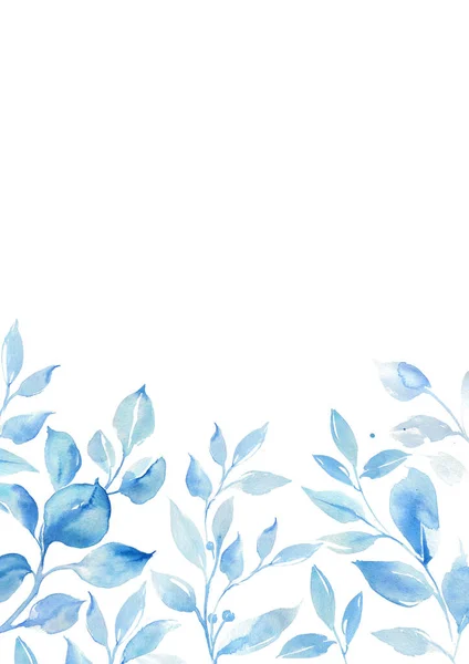 Suluboya mavi bitkiler ve yapraklar. Davetiyeler ve sosyal medya şablonları için narin arkaplan. Telifsiz Stok Fotoğraflar