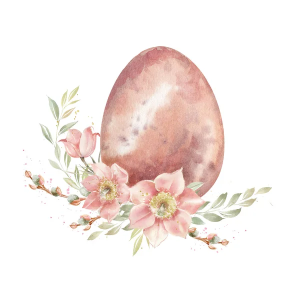 Easter egg with spring primrose flowers and pussy willow branches. Easter print, poster. Pastel color design. Primroses, peach blossom. Telifsiz Stok Imajlar