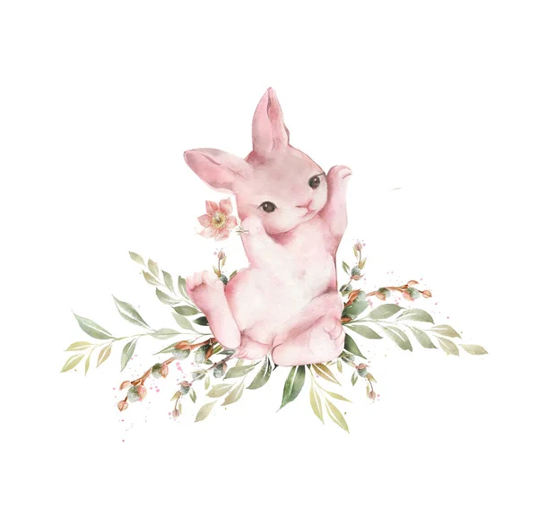 Bahçedeki küçük çizgi film tavşanı bahar çiçekleri ve yapraklarıyla çevrili. Kartlar, posterler ve davetiyeler için sevimli illüstrasyon. Telifsiz Stok Imajlar