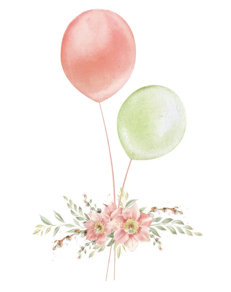 Hava balonları ve çiçek buketi. Bahar suluboya çizimi, şirin bir baskı. Eski tasarım. Telifsiz Stok Imajlar