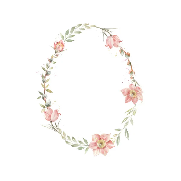 Cute oval wreath with spring flowers and leaves, pastel color design. Vintage invitation, retro style postcard.