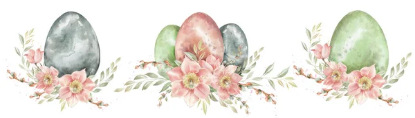 Renkli yumurta ve bahar çiçekleriyle bir dizi Paskalya kompozisyonu. Paskalya kartları, posterler, davetiyeler için dekor. Sevimli çizimler. Stok Resim