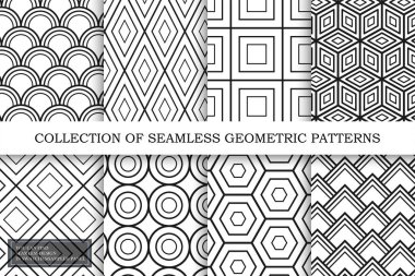 Vektörsüz geometrik desenlerin toplanması. Tek renkli arka planlar tekrarlanabilir. Basit siyah beyaz dokular. Örneklerin panelinde sonsuz tasarım bulabilirsiniz