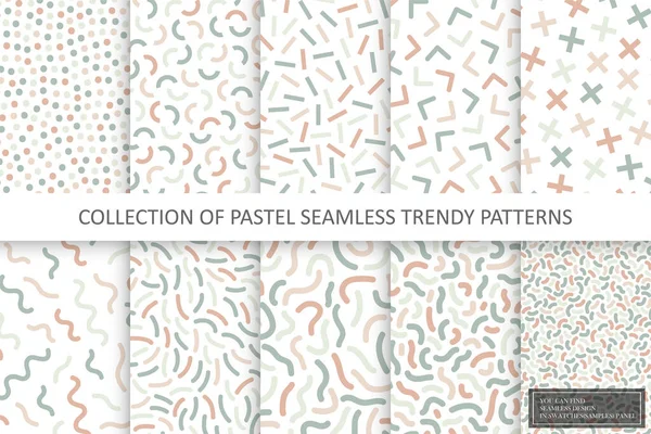 Kollektion trendiger, nahtloser zarter Muster. Retro-Stil - Mode 80-90er Jahre. Farbige Mosaik-Texturen - textile Hintergründe. Wiederholbares Design finden Sie in der Musterleiste — Stockvektor
