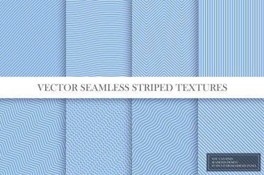 Mavi çizgili desenlerin toplanması - hassas tasarım. Sonsuz doğrusal dokular. Örneklerin panelinde pürüzsüz arka planlar bulabilirsiniz.