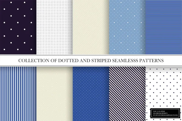 Collection of color delicate patterns. Simple dotted and striped textures - repeatable backgrounds. Elegant endless geometric prints. You can find seamless design in swatches panel — Stock Vector