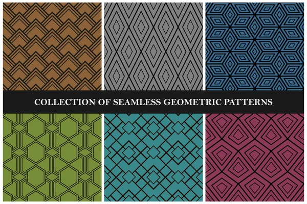 Collection of color seamless geometric patterns. Retro design - repeatable textile backgrounds — Stock Vector