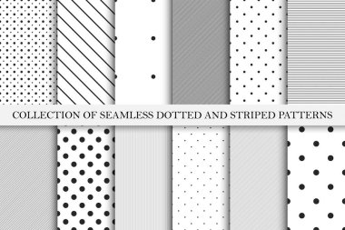 Collection of vector geometric seamless patterns. Simple dotted and striped textures - repeatable backgrounds. Black and white unusual design clipart