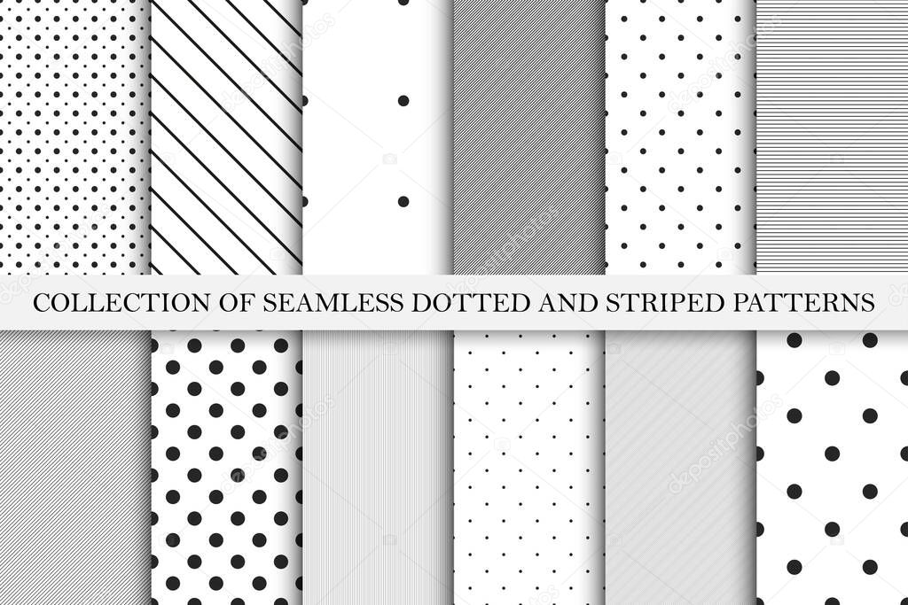 Collection of vector geometric seamless patterns. Simple dotted and striped textures - repeatable backgrounds. Black and white unusual design