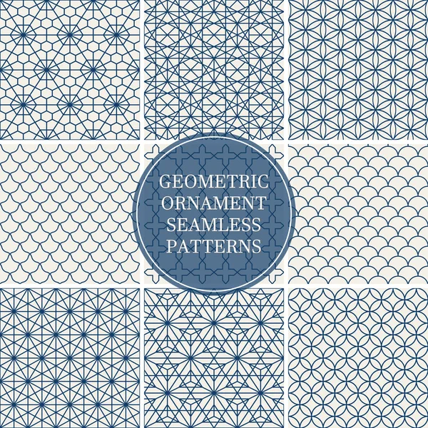 Collection of seamless ornamental geometric patterns. Trendy vector oriental backgrounds. Blue mosaic design — Stock Vector