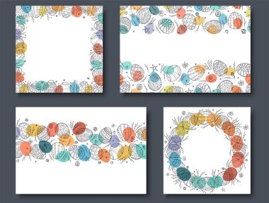 Renkli Paskalya kartları koleksiyonu. Selamlama çerçeveleri. Arka planlar, el ilanları, afişler, şablonlar. Doodle biçimi - vektör illüstrasyonu