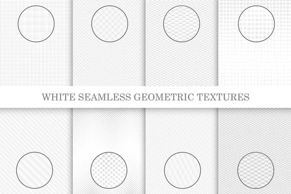 Collection de textures géométriques blanches sans couture. Arrière-plans doux et reproductibles. Motifs élégants légers — Image vectorielle