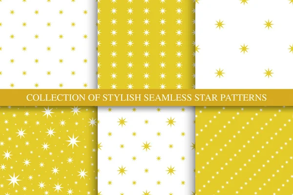 Collection of vector seamless star patterns - festive design. Trendy decorative backgrounds. Bright minimalistic prints — Stock Vector