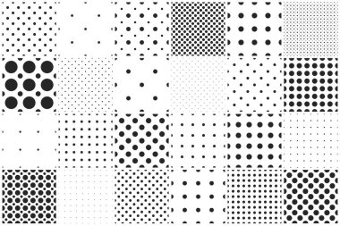 Vektör geometrik dikişsiz basit kalıpların toplanması - noktalı dokular. Tekrarlanabilir siyah beyaz arkaplan, modaya uygun minimalist tasarım