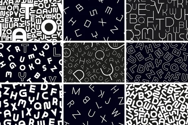 Vektormentes ábécé minták gyűjteménye. Stílusos fekete-fehér hátterek latin betűkkel. Trendi textil divat monokróm textúrák. Megtalálható megismételhető design minták panel — Stock Vector