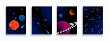 Koyu mavi vektör kapakları, şablonlar, pankartlar, broşürler, afişler, afişler vs. Gezegenleri ve yıldızları olan kozmik yaratıcı posterler. Boşluk arkaplanı kopyala