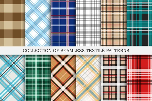 Coleção de padrões têxteis sem costura coloridos - design listrado geométrico. Fundo de pano repetível vetorial — Vetor de Stock