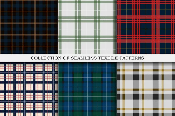 Coleção de padrões têxteis sem costura listrados coloridos design vintage geométrico. Tecido vetorial fundos repetíveis — Vetor de Stock