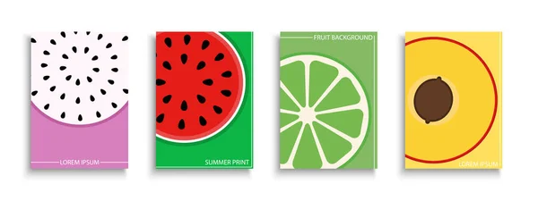Set di copertine di frutta colorate vettoriali, modelli, cartelli, opuscoli, banner, volantini e così via. Luminosi poster estivi. Sfondi tropicali vibranti — Vettoriale Stock