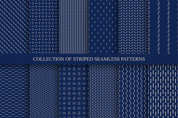 Collection of blue minimalistic striped seamless patterns. Endless linear textures. Repeatable unusual simple backgrounds — Stock Vector