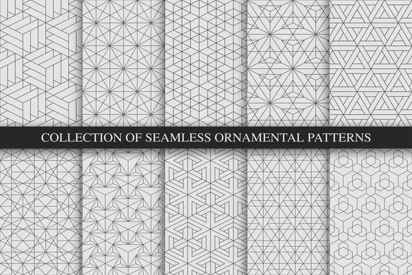 Collection of vector seamless geometric ornamental patterns - Monochrome oriental backgrounds. Creative gray repeatable prints — Stock Vector