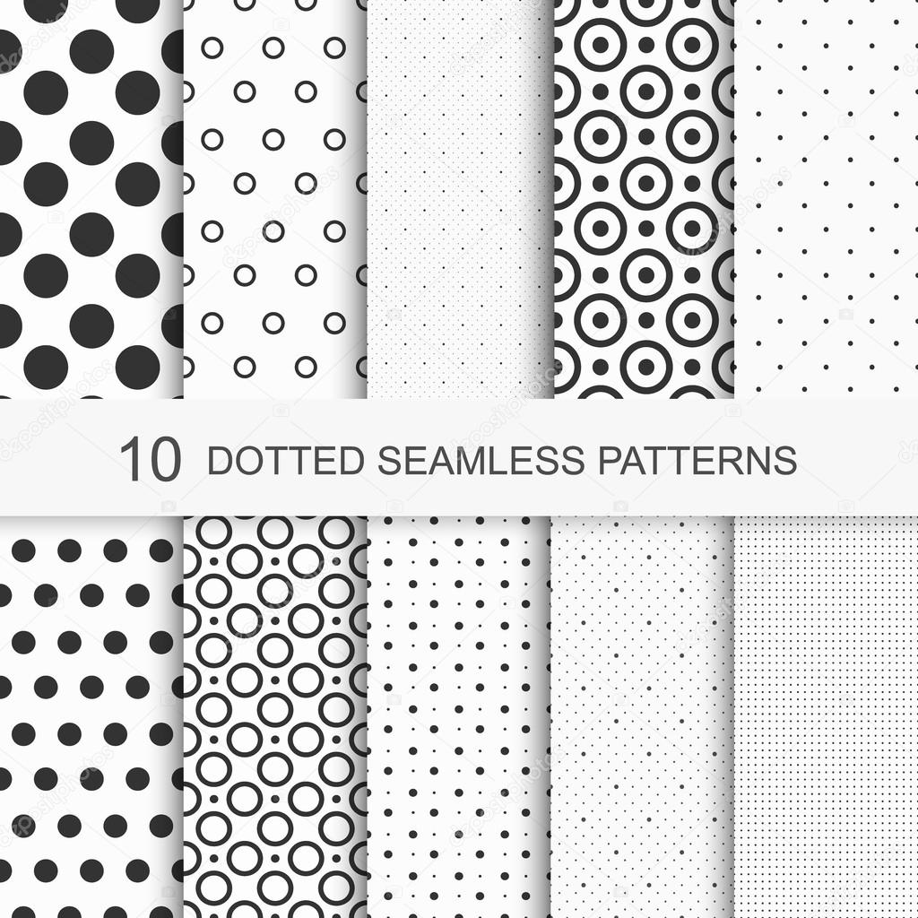 Patterns with circles and dots, black and white texture, seamless vector backgrounds.