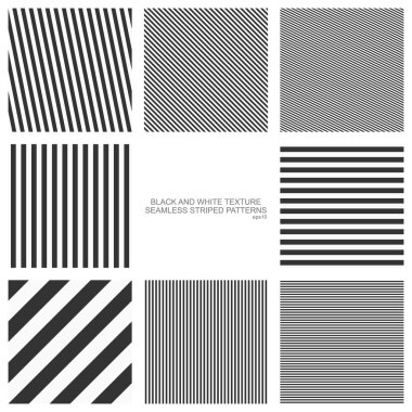 Set of seamless patterns, straight stripes, black and white texture. Vector backgrounds clipart