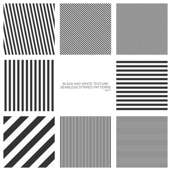 Set of seamless patterns, straight stripes, black and white texture. Vector backgrounds — Stock Vector