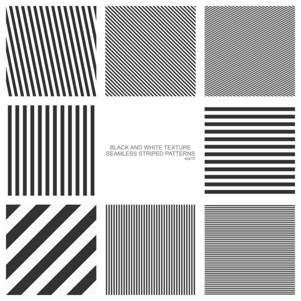 Set of seamless patterns, straight stripes, black and white texture. Vector backgrounds
