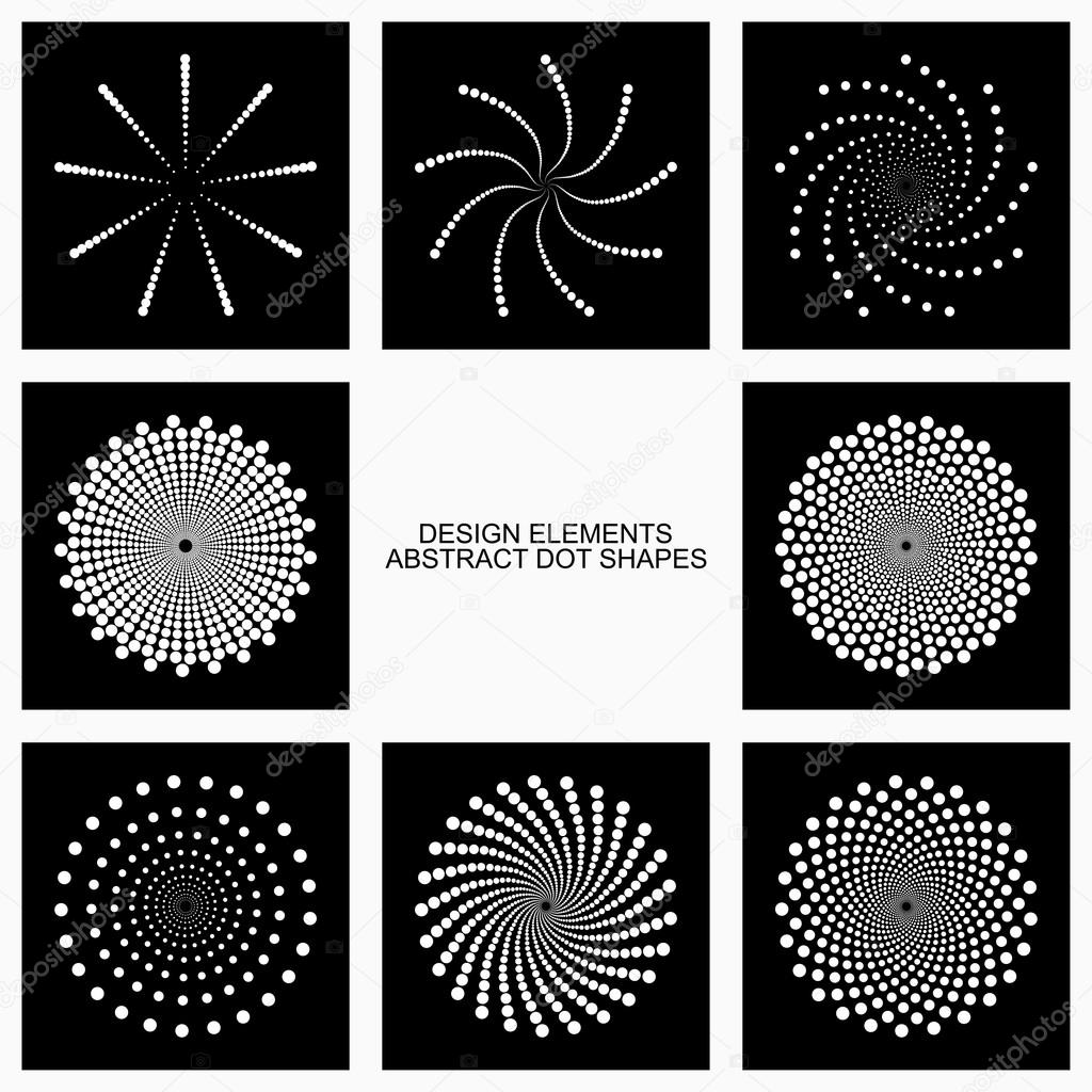 Abstract shapes with dots in black and white. Vector set of design elements and icons.
