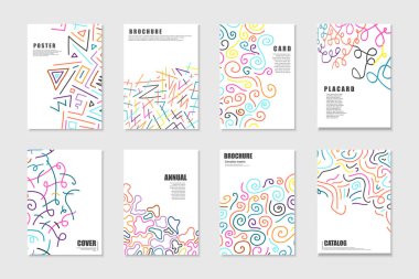 Parlak renkli sanat eserleri koleksiyonu kapaklar, şablonlar, arka planlar, pankartlar, broşürler, afişler. El çizimi sanat minimalist karalamalar canlı kartlar