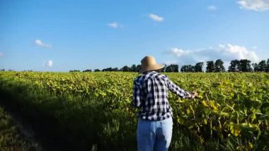 Güneşli bir günde ayçiçeği çayırında dijital tablet kullanan dişi tarım uzmanı. Yetişkin çiftçi gün batımında sarı çiçek tarlasında hasat izliyor. Güzel manzara manzarası. Tarım sektörü kavramı.