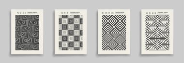 Çizgili geometrik kapaklar, şablonlar, pankartlar, broşürler, afişler, arka planlar koleksiyonu. Monokrom desenli yaratıcı sanat eserleri. Siyah ve bej renkli grafik kumaş baskıları.