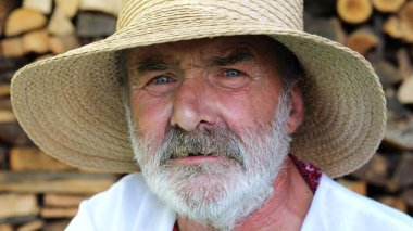 Hasır şapkalı yaşlı Ukraynalı adamın portresi odunluğun arka planında. Dışarıdaki kameraya bakan, nakışlı gömlek giyen yaşlı, ciddi bir erkek. Kültür mirası ve etnik kökler.