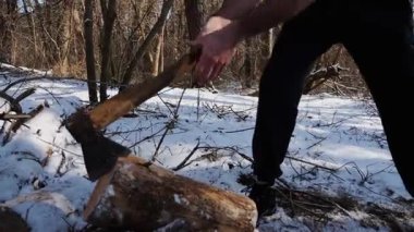Güneşli bir kış ormanında yakacak odun kesen üstsüz genç bir adam. Karlı ormanlık alanda baltayla çalışan kaslı bir adam. Güç kavramı, erkeksi, enerji ve soğuk mevsim boyunca doğayla uyum..