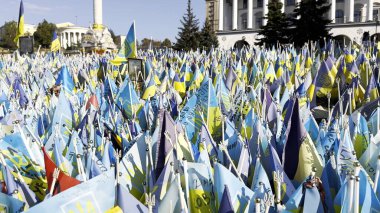 Birçok küçük mavi-sarı bayrak Rusya 'ya karşı yapılan ölü savaşların isimlerini taşıyor. Ukrayna 'nın başkentinde ölen askerlerin, çocukların ve kadınların anısına. Trajedi ve talihsizlik kavramı.