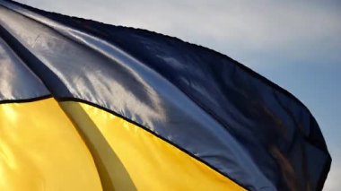 Ukrayna 'nın mavi-sarı sembolü güneş ışığının arka planında rüzgara el sallıyor. Ukrayna bayrağı kırsalda dalgalanan güneşle aydınlandı. Rus saldırısına karşı barış ve destek kavramı.