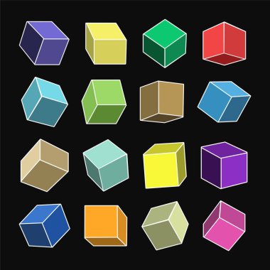 Farklı taraflardaki izometrik soyut üç boyutlu küplerin toplanması. Asgari geometrik üç boyutlu vektör ana hatları iş tasarımı ve sunum düzeni için siyah arkaplan üzerinde izole edilmiş şekiller.