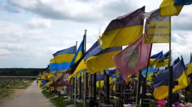 View on blue-yellow flags at countless graves of ukrainian soldiers alley of glory in Kharkiv. This site commemorates heroes and maintains the memory of wartime events in Ukraine. Slow mo