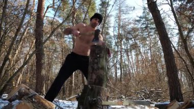 Güneşli bir kış ormanında yakacak odun kesen üstsüz genç bir adam. Karlı ormanlık alanda baltayla çalışan kaslı bir adam. Güç kavramı, erkeksi, enerji ve soğuk mevsim boyunca doğayla uyum..