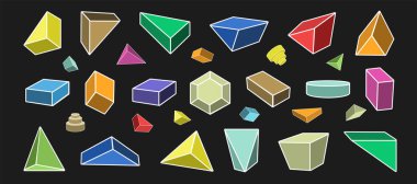 İzometrik renkli soyut üç boyutlu şekillerin toplanması. Asgari geometrik üç boyutlu vektör formları iş tasarımı, sunum düzeni, web ve yaratıcı projeler için siyah arkaplan üzerinde izole.
