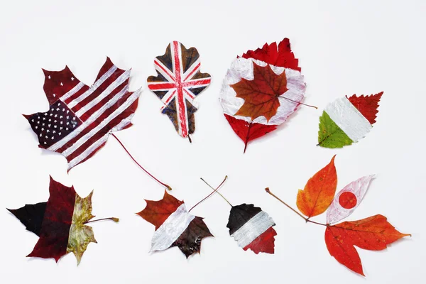 Drapeaux des pays du Groupe des Sept sur les feuilles d'automne — Photo