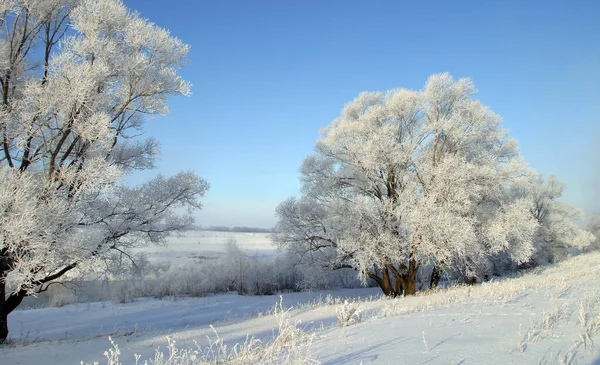 Landschaft Wintermorgen Auf Dem Fluss Zai — Stockfoto