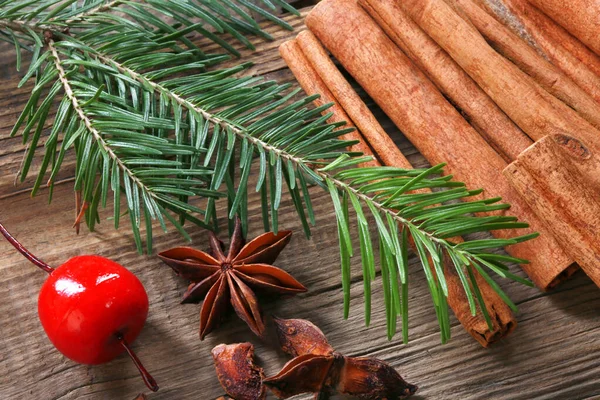 Närbild Vacker Festlig Jul Stilleben Grenar Gran Kakor Och Krydda — Stockfoto