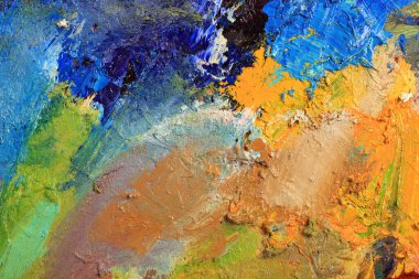 makro ressamın paleti, dokusu farklı renklerde ve doygunluk stüdyosunda karışık yağlı boya.