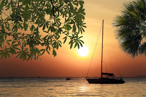 Seascape Scenic Sunset Anchored Boat Deflated Sails Coast Thailand Stock Picture