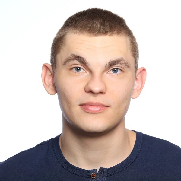 Close Portrait Young Man Blue Shirt White Background Studio — Stock Photo, Image