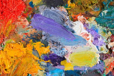 makro ressamın paleti, dokusu farklı renklerde ve doygunluk stüdyosunda karışık yağlı boya.