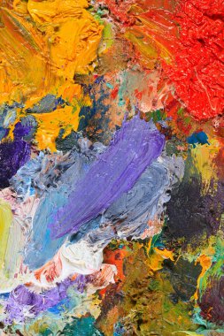 makro ressamın paleti, dokusu farklı renklerde ve doygunluk stüdyosunda karışık yağlı boya.