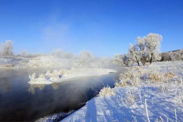 Mglisty Zimowy Krajobraz Mroźny Poranek Nad Rzeką Drzewa Mrozie Brzegach — Zdjęcie stockowe